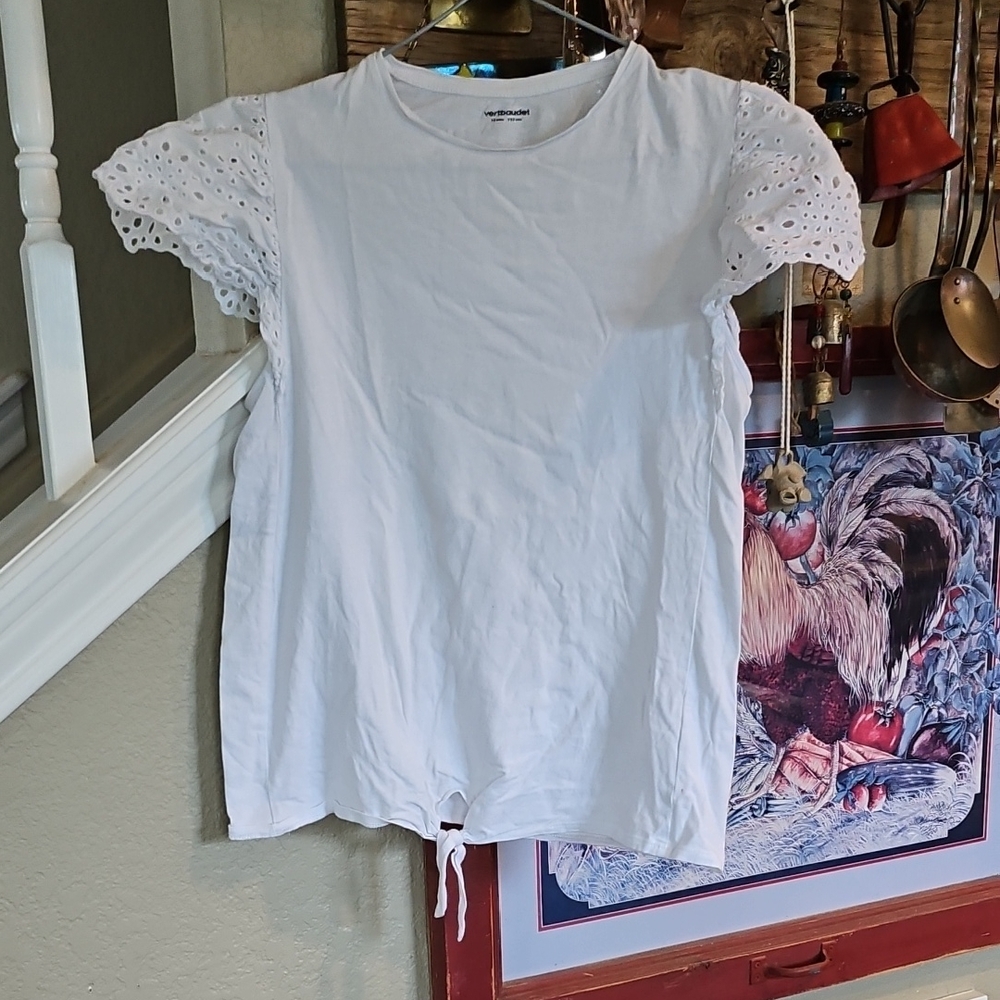 Vertbaudet Sz 12 Years White Cotton Eyelet Lace Puff Sleeves Mini Dress Blouse